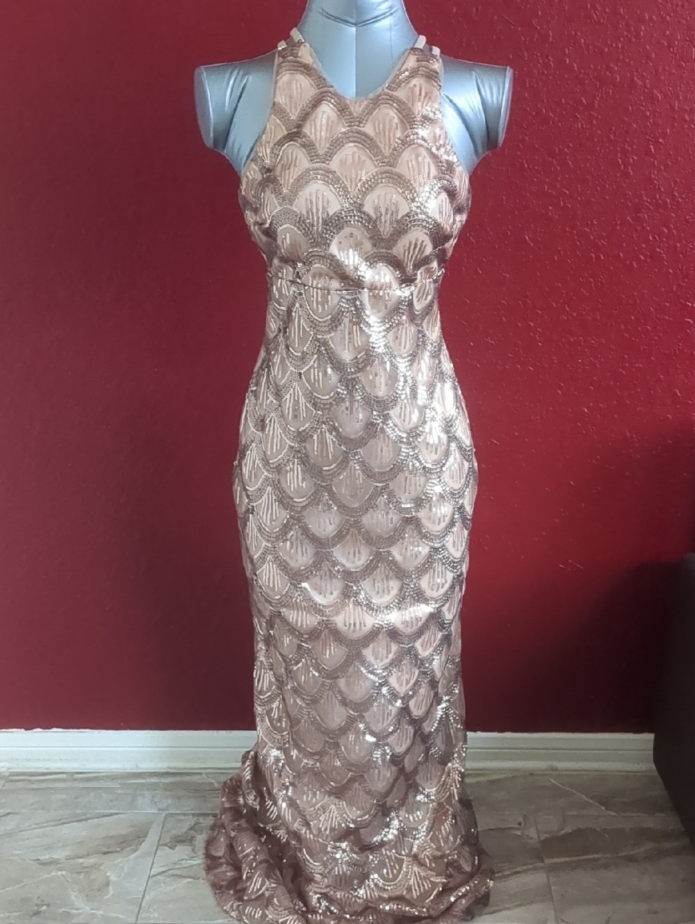 Morgan & Co. Sequin Scallop Back X Straps Halter - Lined Gown Dress  Rose Gold